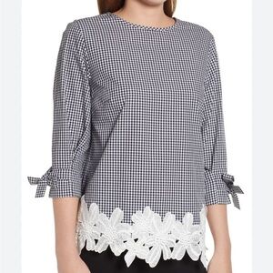 Ming Wang gingham 3/4 tie sleeve blouse M